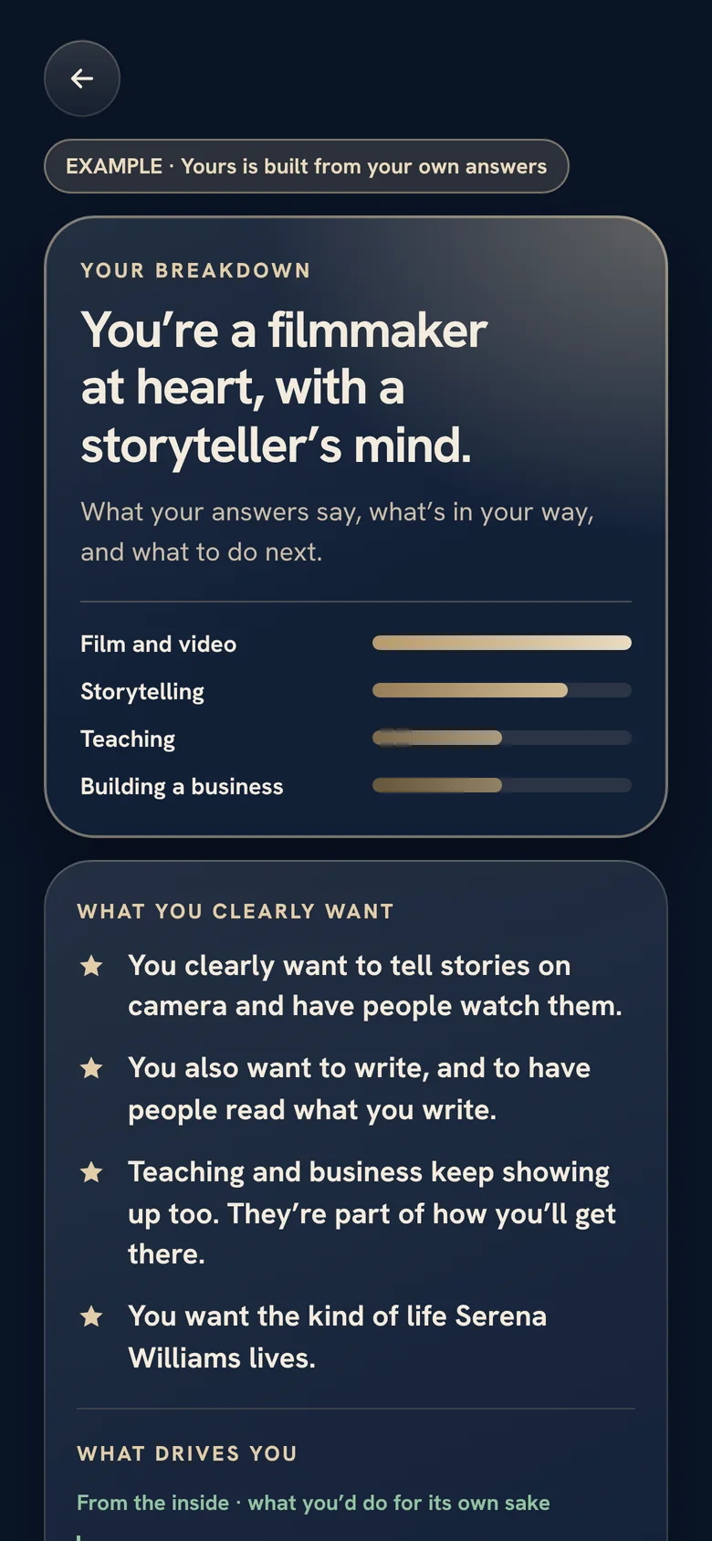 An example Life Map breakdown: You're a filmmaker at heart, with a storyteller's mind.