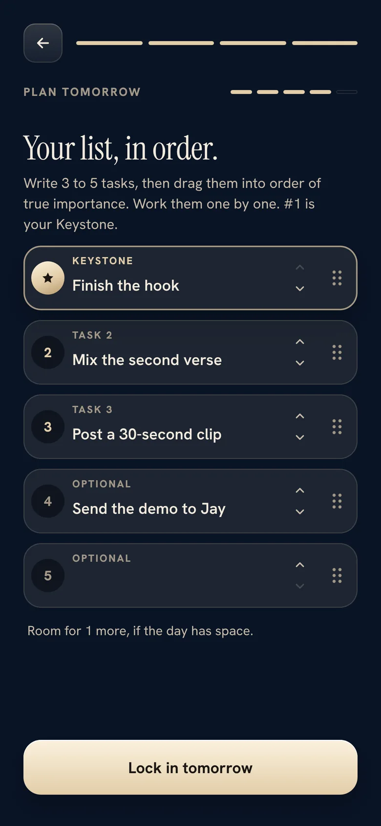 Plan tomorrow: Your list, in order, with the Keystone first.
