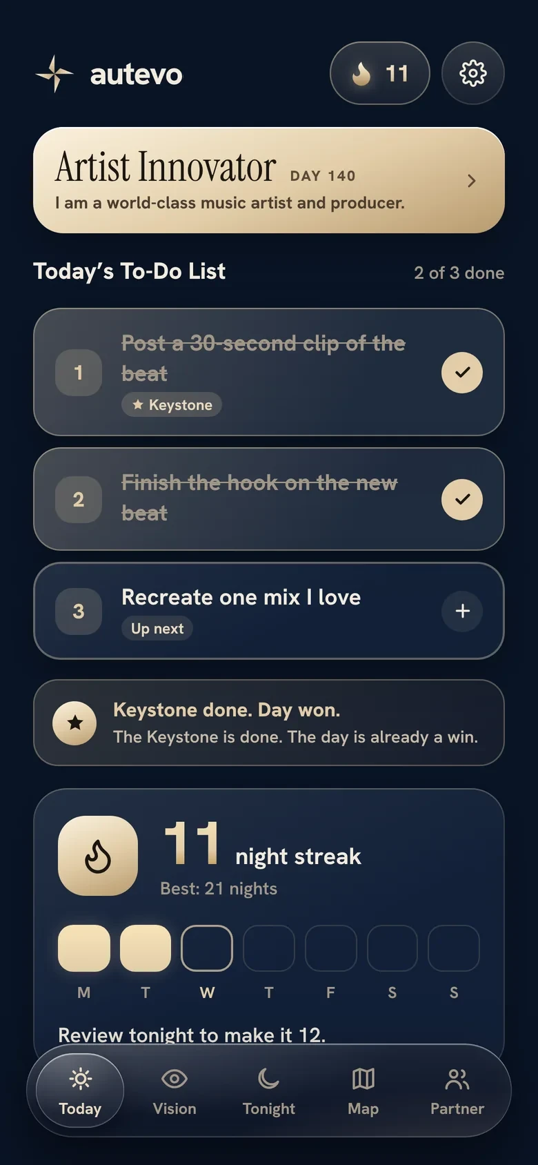 Autevo's Today screen: a ranked to-do list with the Keystone task at the top, and an 11 night streak.